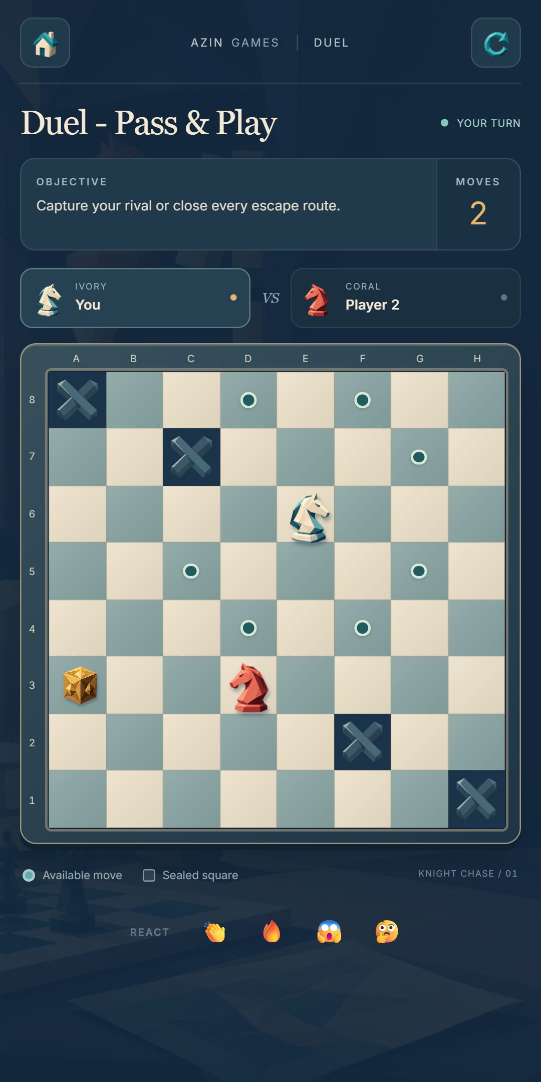 Knight Chase gameplay: two rival knights and sealed squares on a changing board