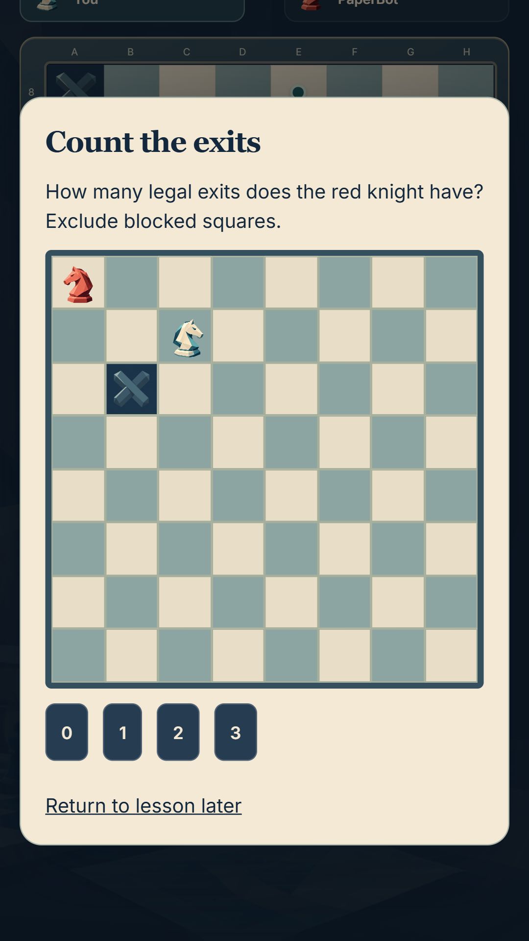 Interactive lesson asking the player to count a knight’s legal escape routes