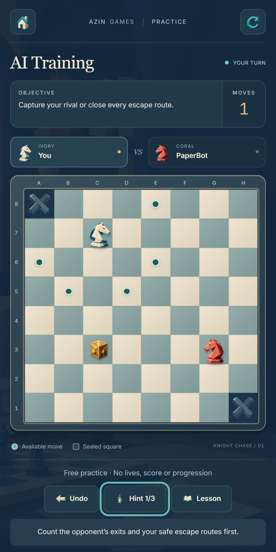 Knight Chase practice mode showing Undo and Hint controls