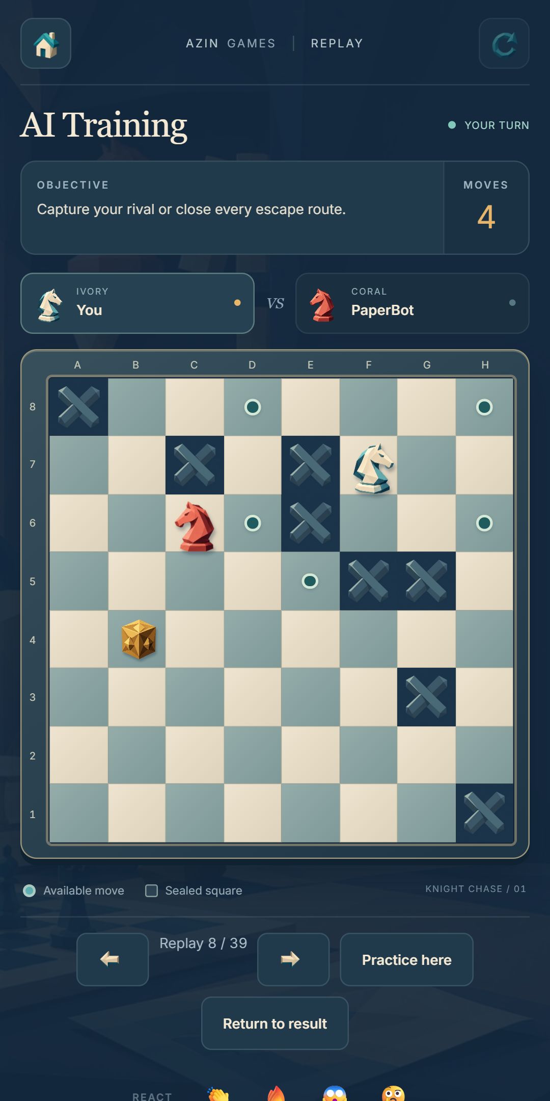 A Knight Chase match replay with controls to step through moves and practise a position